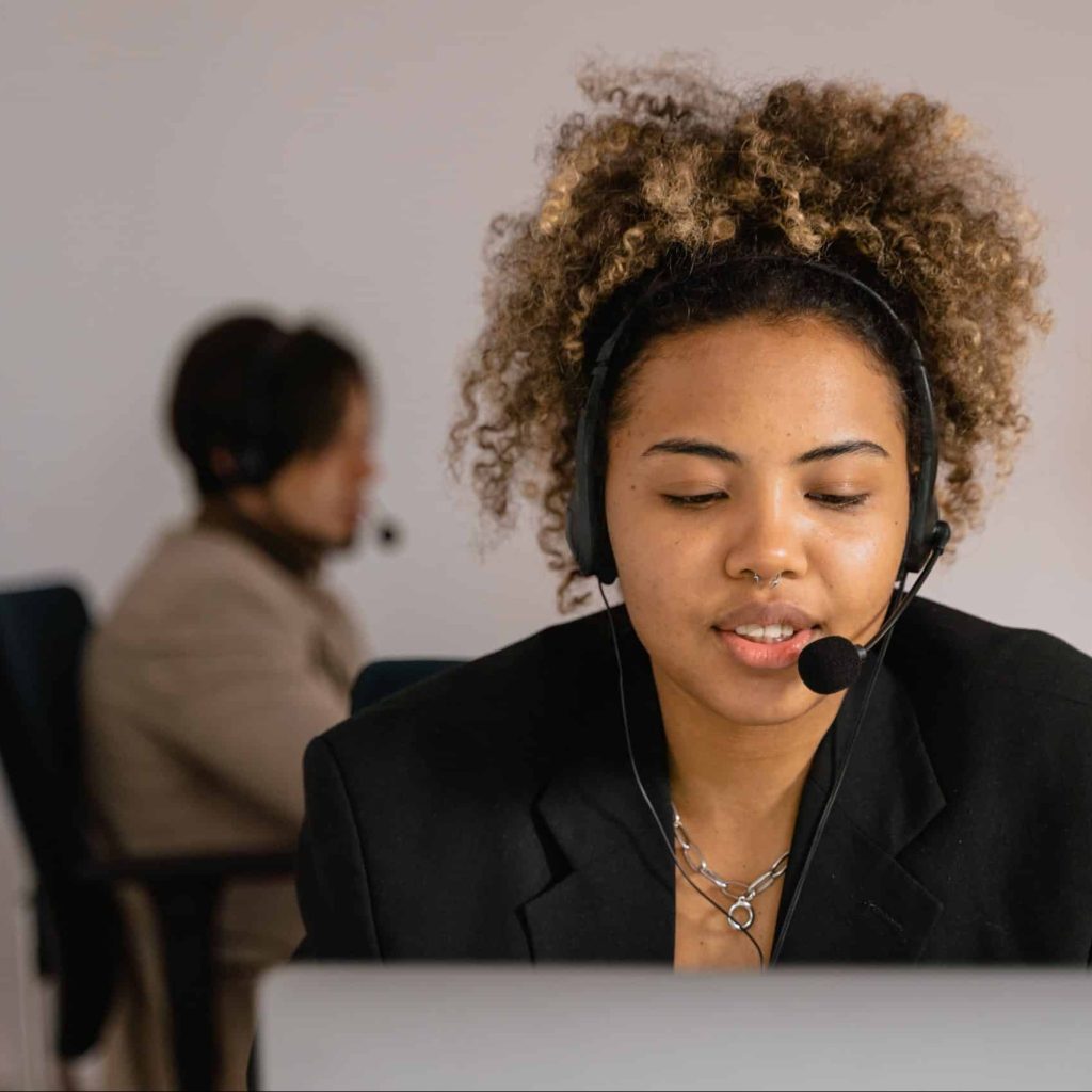 woman talking on a call in a call service